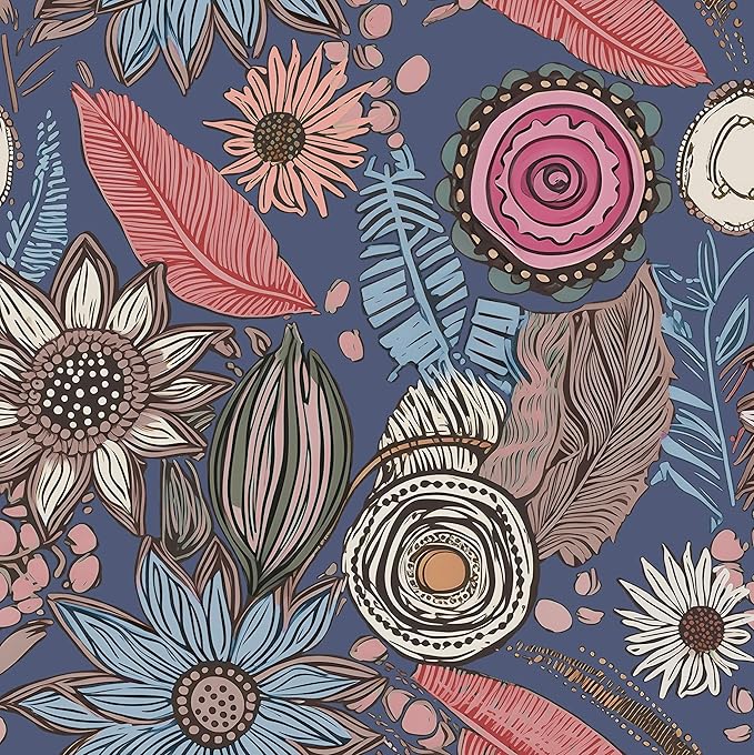 Boho Wallpaper Peel and Stick, Vintage Blue Pink Floral Contact Paper, Retro by Laatse