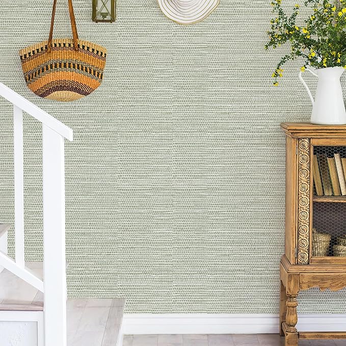 HueBurst Green Grasscloth Peel and Stick Wallpaper 17.3" x 394" Renter Friendly - Image 3