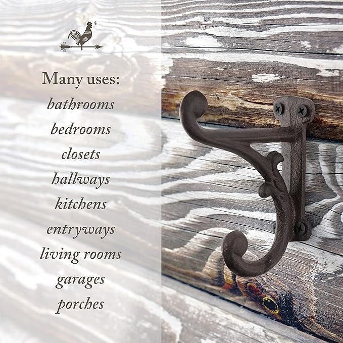 Rustic Cast Iron Coat Hooks Rustic Dark Brown, Wall Mounted, Farmhouse - Image 8