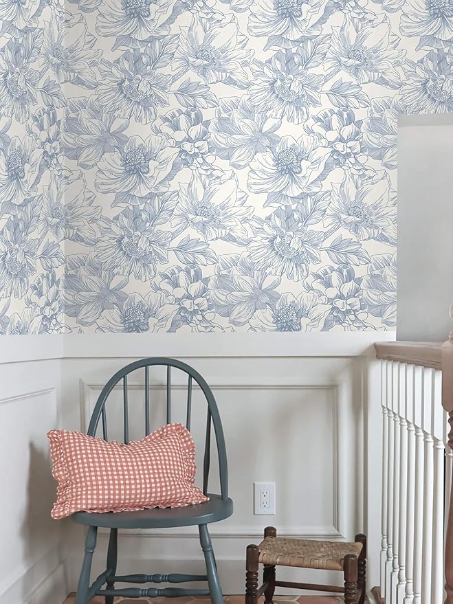 Ismoon Vintage Floral Wallpaper Peel and Stick Beige and Blue Contact Paper - Image 7