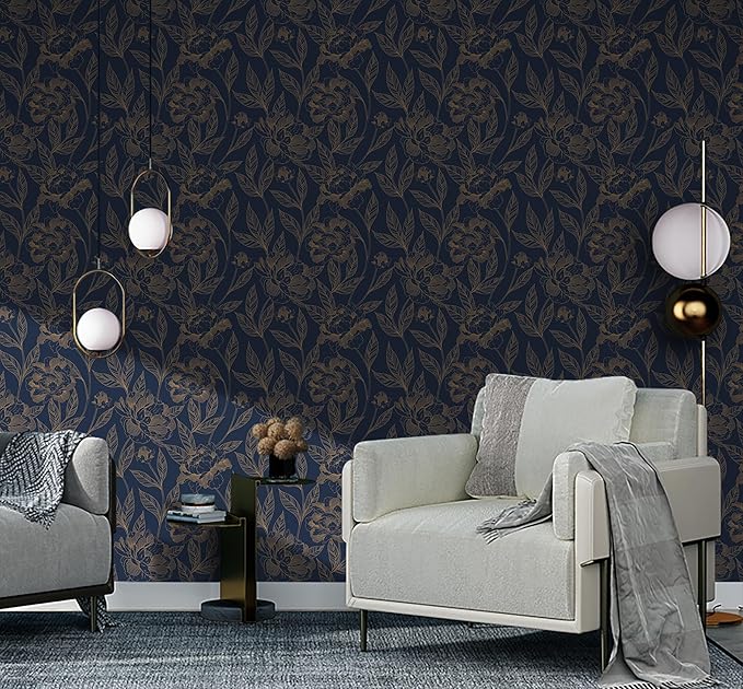 Timeet Peel and Stick Wallpaper Gold and Blue Floral Wall Paper - Image 6