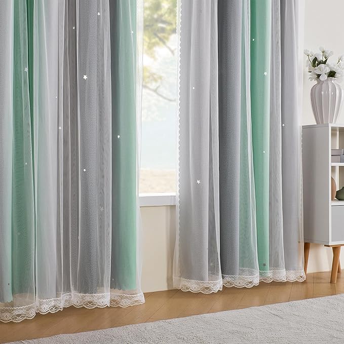 XiDi Curtains for Bedroom Decor, Rainbow Green LightgreyGrey34/54/1 - Image 3
