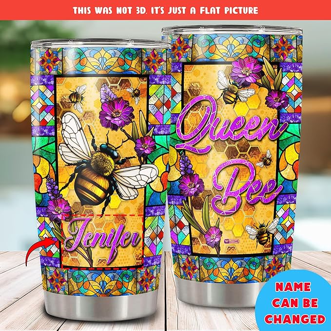 WAZONE Personalized Queen Bee Tumbler Customize Name Insulated Cup Stainless Steel Colorful Style Travel Coffee Mug With Lid 20oz 30oz Christmas Birthday Gifts For Animal Lovers Women Girls