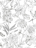 JiffDiff White and Black Wallpaper Peel and Stick Sketched Peony Floral - Image 2
