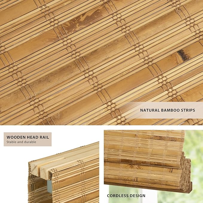 LazBlinds No Tools No Drill Cordless Bamboo Roman Shades, Light Filtering - Image 2