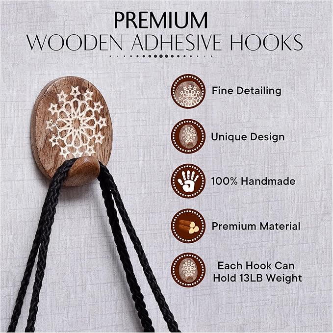IndianShelf 6 Lb- 24 Pieces Decorative Wood Adhesive Wall Hooks–Boho Peel and - Image 4