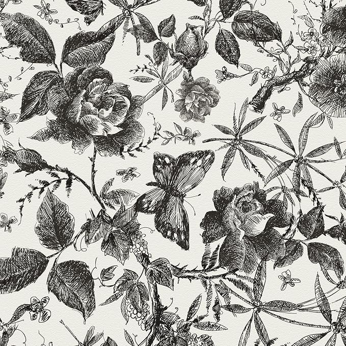 JiffDiff Floral Vintage Wallpaper Peel and Stick Wall Stick Black Rose by wallpaper