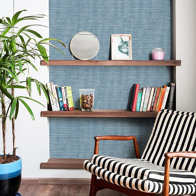 JiffDiff Grasscloth Wallpaper Peel and Stick Blue Grassweave Stick on Wallpaper - Image 7