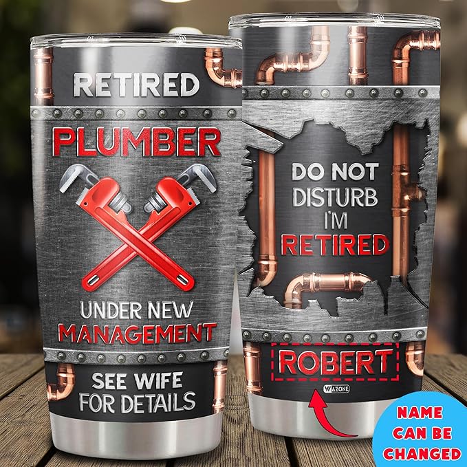 WAZONE Personalized Plumber Tumbler Do Not Disturb Im Retired Sayings Stainless Steel 20oz 30oz Travel Mug Retirement Things Funny Gift For Husband Men Plumbers Insulated Cup Plumbing Themed