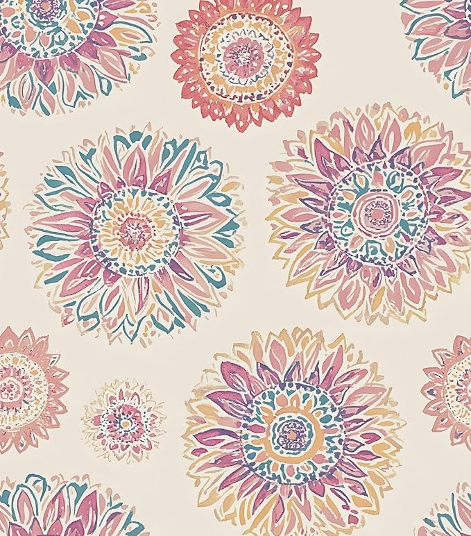 Boho Wallpaper Peel and Stick, Vintage Circle Floral Contact Paper, Abstact by Laatse