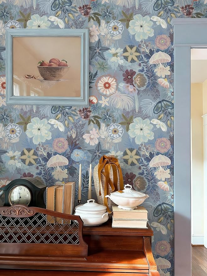 Ismoon Floral Peel and Stick Wallpaper Vintage Blue Contact Paper Jellyfish - Image 2