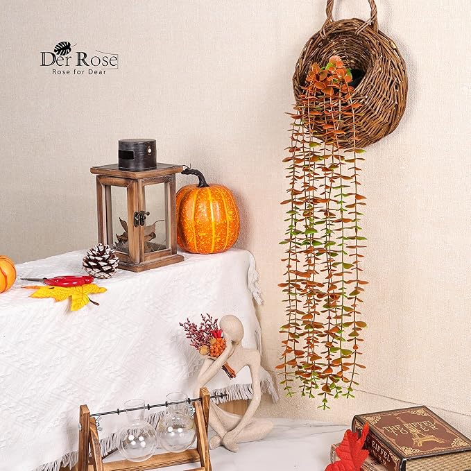 Der Rose 1Pcs Fake Fall Plants Hanging Orange Artificial Potted Faux Eucalyptus - Image 5