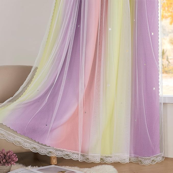 XiDi Curtains for Bedroom Decor, Rainbow Pink PurpleYellow52/90/1 - Image 4