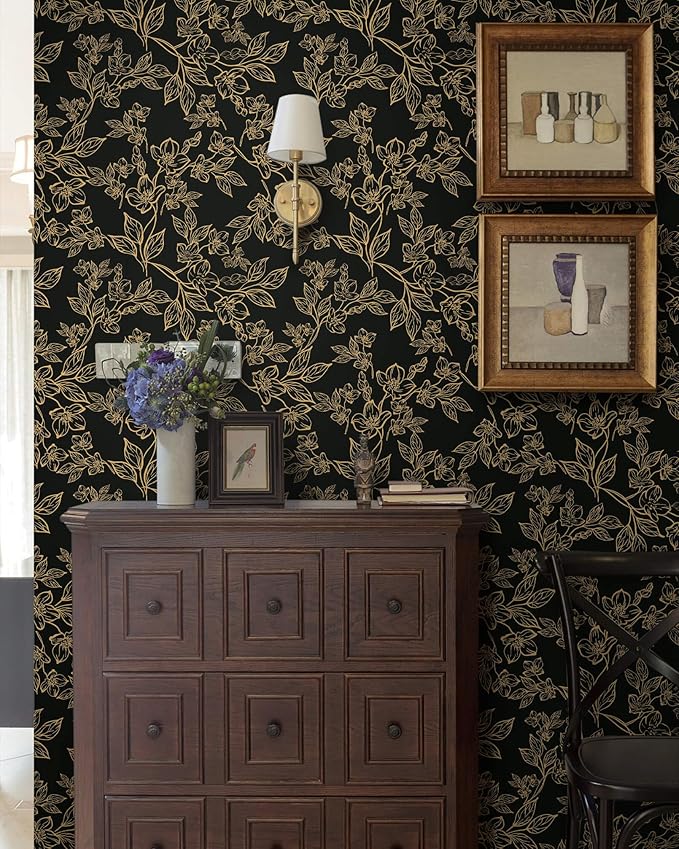 Ismoon Floral Peel and Stick Wallpaper Vintage Black and Gold Contact Paper - Image 3