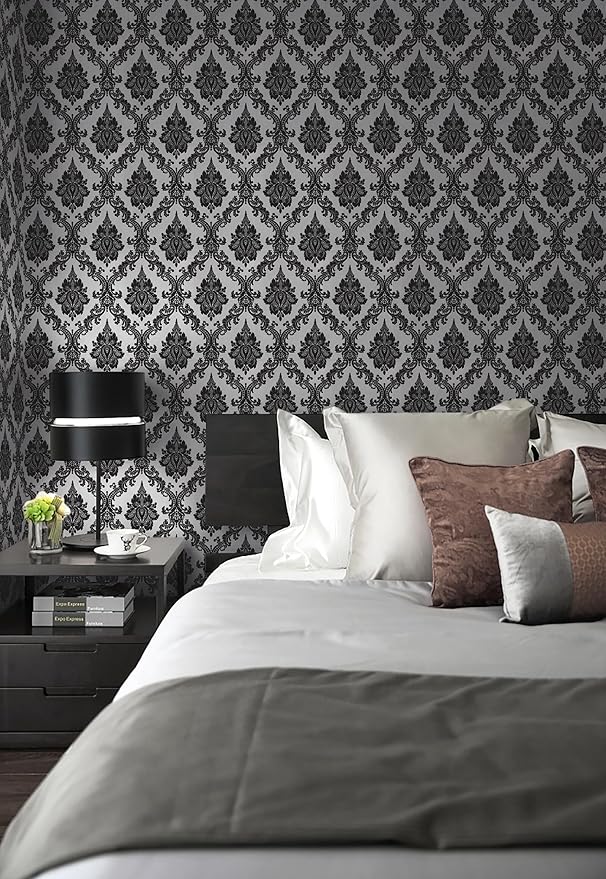 17.7" x 197" Peel and Stick Wallpaper Black Vintage Wallpaper Damask Contact - Image 2