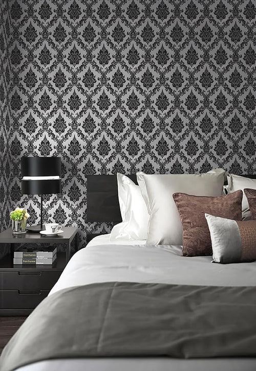 17.7" x 197" Peel and Stick Wallpaper Black Vintage Wallpaper Damask Contact - Image 2