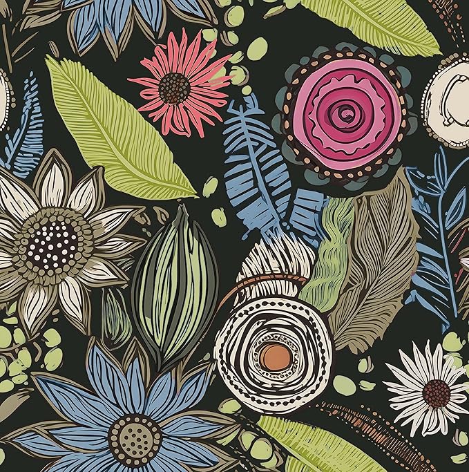 Dark Green Wallpaper Peel and Stick, Boho Vintage Floral Contact Paper by Laatse