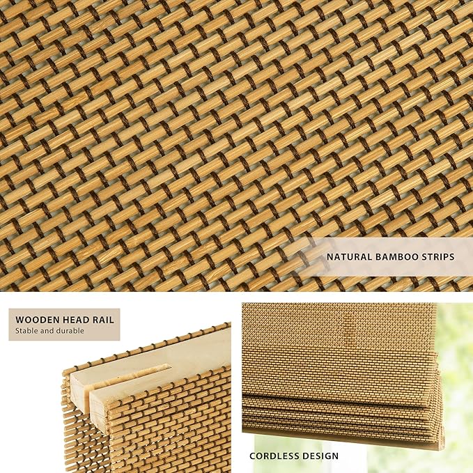 LazBlinds No Tools No Drill Cordless Bamboo Roman Shades, Light Filtering - Image 2