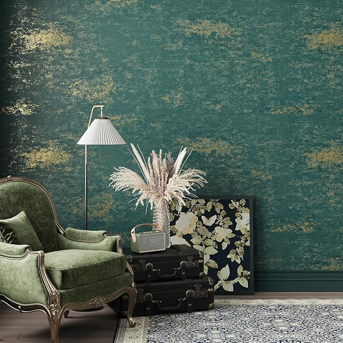 VEELIKE Distressed Teal Gold Metallic Peel and Stick Wallpaper Plaster Concrete - Image 3