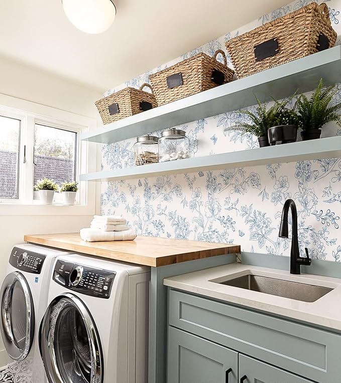 Froluya Cream White and Blue Floral Wallpaper Peel and Stick Wallpaper - Image 3