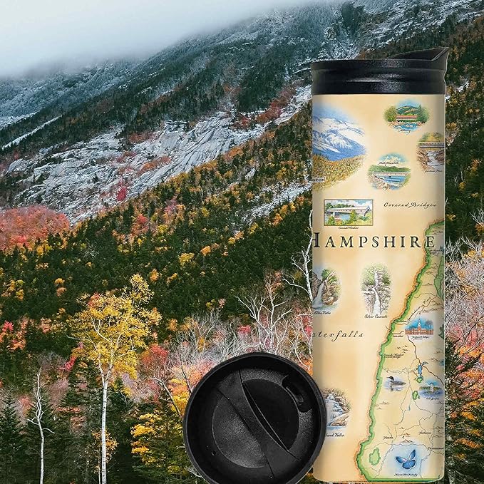 Xplorer Maps New Hampshire Map 16 Oz Travel Drinkware with Spill-Resistant Lid - Stainless Steel Vacuum Insulated Coffee Tumbler