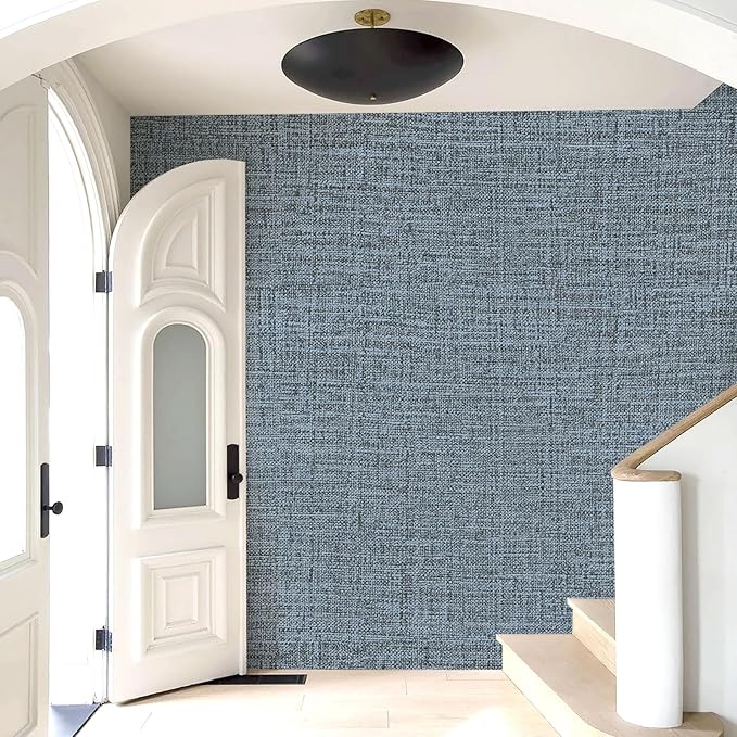 Amiya Grasscloth Wallpaper Blue Peel and Stick Faux Fabric Linen Contact Paper - Image 9