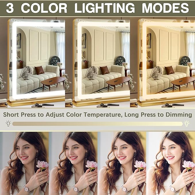 ROLOVE Gold Vanity Mirror with Lights, LED Makeup Mirror, USB Charging Port - Image 4