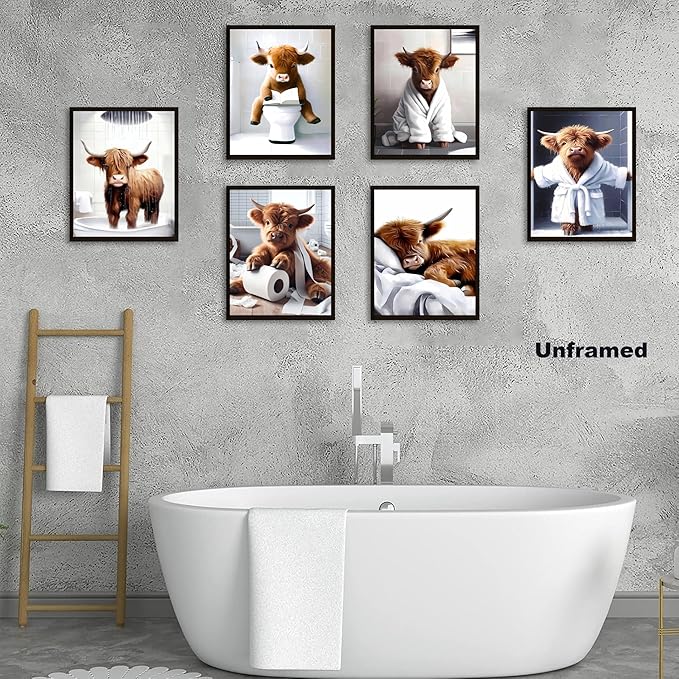 SEHSUVC Funny Bathroom Cow Posters Wall Art Set of 9, Vintage Brown Highland - Image 5