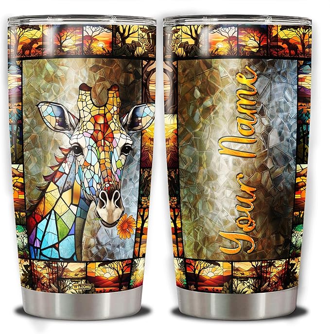 WAZONE Personalized Giraffe Tumbler 20oz 30oz Custom Name Drawing Printed with Lid Travel Mug Stainless Steel Vacuum Insulated Cup Animal Themed Gifts for Woman Mother Friends Giraffes Lover
