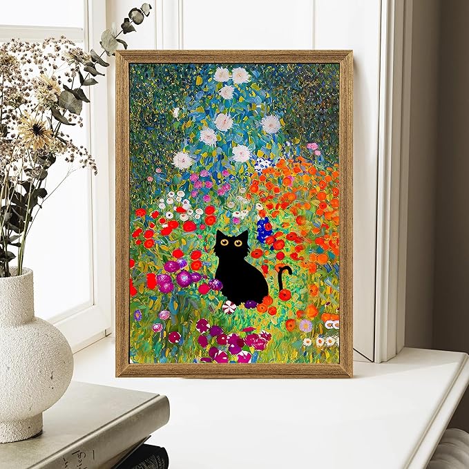Fantasy Artists Gustav Klimt Canvas Wall Art, Framed Aesthetic Cat Floral Wall - Image 4