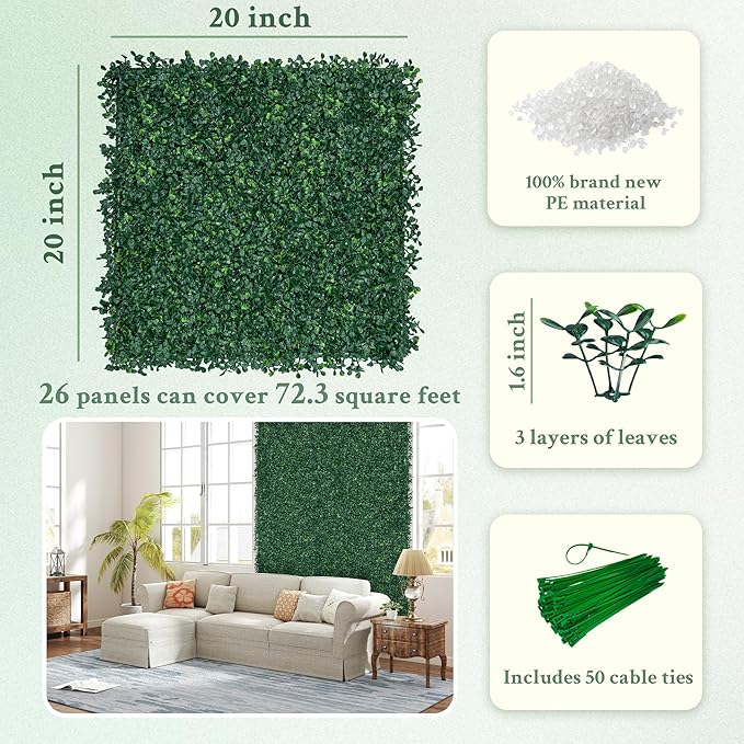 ODTORY Artificial Boxwood Wall Panels 20x20 inch 26Pcs, UV-Anti Faux Greenery - Image 2