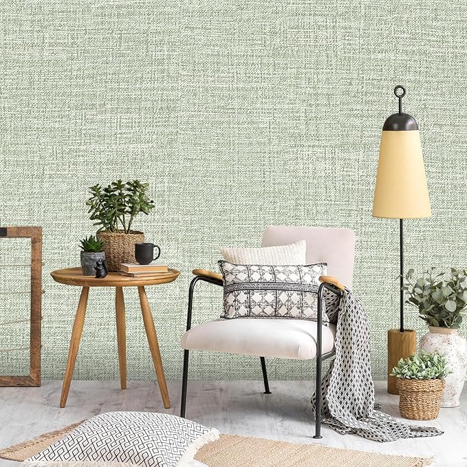 Green Grasscloth Wallpaper 17.3"x160" Faux Linen Textured Contact Paper - Image 6