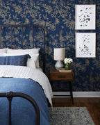 Froluya Dark Blue and Gold Vintage Floral Peel and Stick Wallpaper 17.7"x393.7" - Image 7
