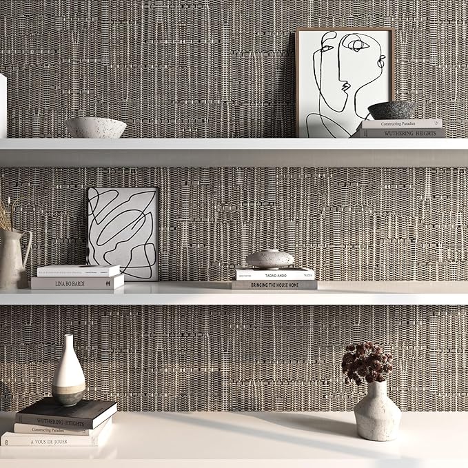 FunStick Taupe Brown Grasscloth Wallpaper Peel and Stick Fabric Wallpaper - Image 6