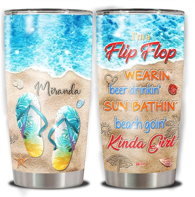 WAZONE Personalized Beach Tumbler With Name 20oz 30oz Stainless Steel Summer Gifts Ideas For Sunbathing Sea Turtle Starfish Lovers Ocean Themed Insulated Cup Customized Gift Travel Mug