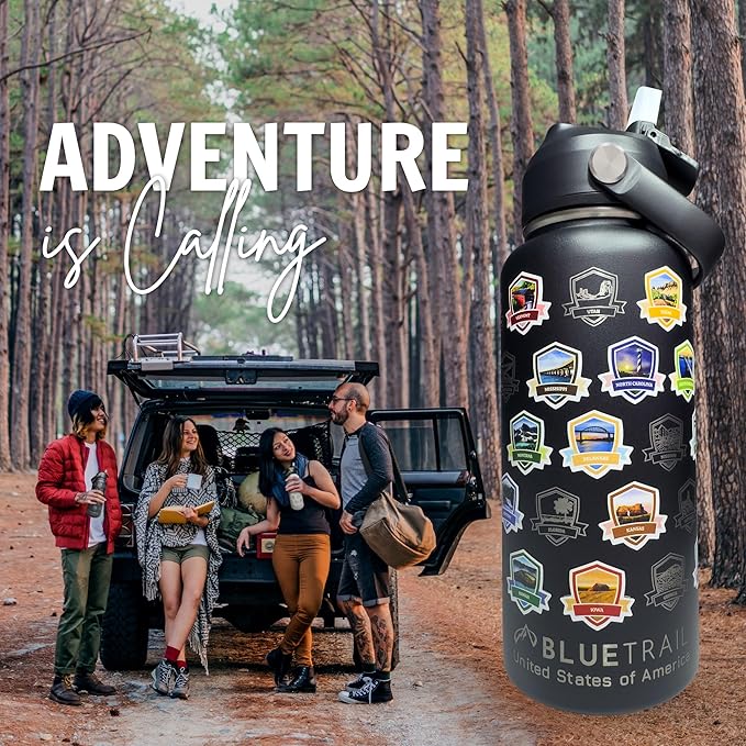 BlueTrail 50 States Water Bottle with Stickers - 32 oz Insulated Stainless Steel, Upgraded Leak-Proof Lid, UV & Waterproof Permanent Stickers, Laser Engraved 50 States of the USA (Black)
