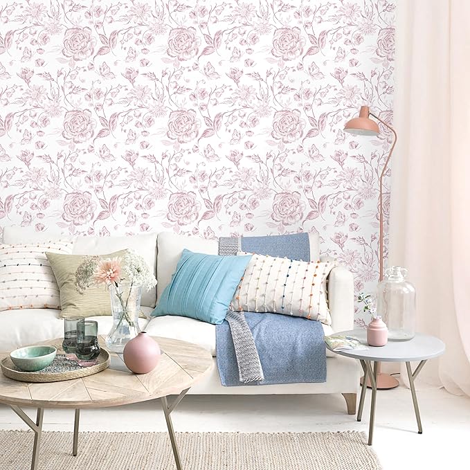 Yasinet Pink Floral Wallpaper Boho Peel and Stick Wallpaper Pink and White - Image 2