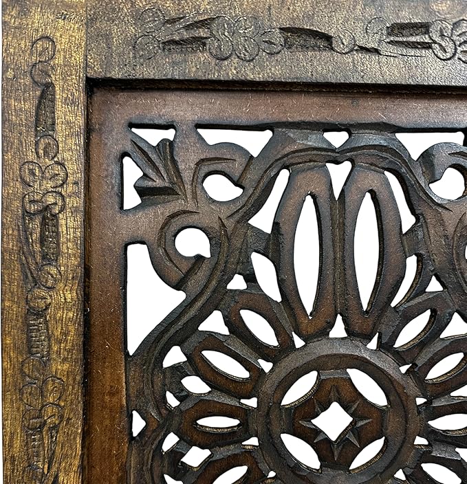 Floral Hand Carved Wooden Wall Panels Set of 2, Rustic Brown Decorative Wall Art - Image 9