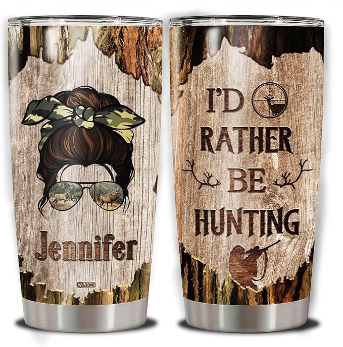WAZONE Personalized I'd Rather Be Hunting Tumbler Customized Name 20oz 30oz Stainless Steel Travel Mug Insulated Cup with Lid Gift Unique Birthday Christmas for Women Her Deer Hunter Woman