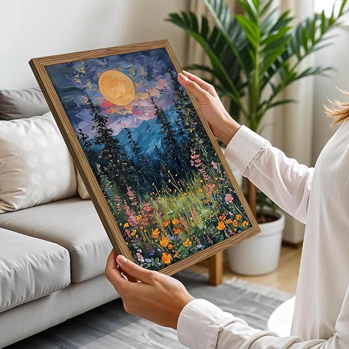 Framed Nature Forest Canvas Wall Art, Full Moon above Wildflowers and Woodland - Image 4