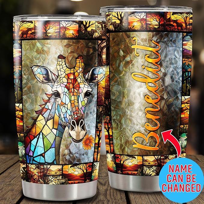 WAZONE Personalized Giraffe Tumbler 20oz 30oz Custom Name Drawing Printed with Lid Travel Mug Stainless Steel Vacuum Insulated Cup Animal Themed Gifts for Woman Mother Friends Giraffes Lover