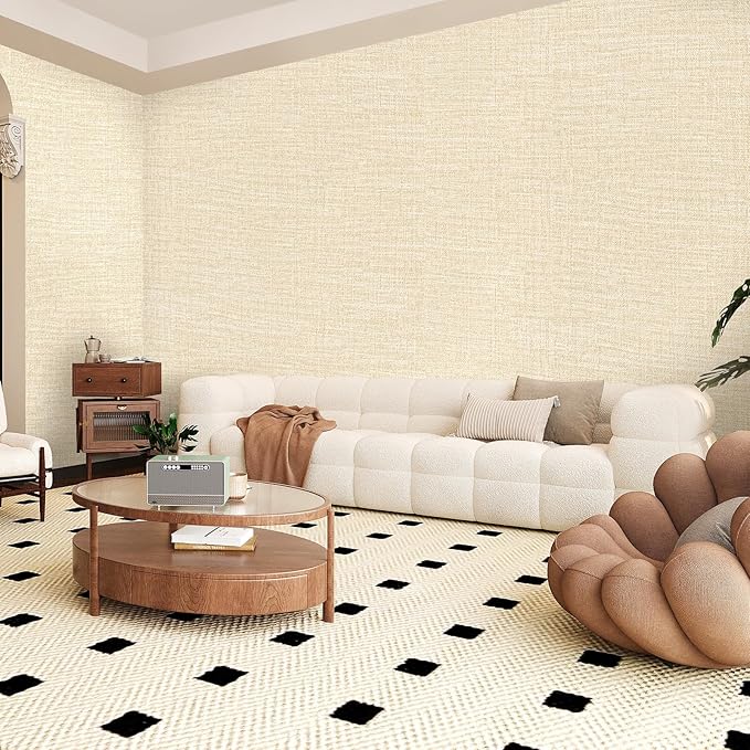 Amiya Grasscloth Cream Wallpaper Peel and Stick Beige Faux Fabric Linen Contact - Image 3