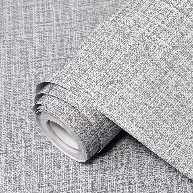 Grey Grasscloth Peel and Stick Wallpaper 17.3"x160" Faux Linen Textured Contact by Uooar