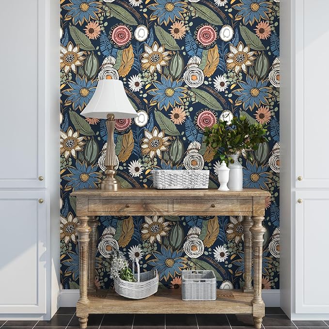 Blue Wallpaper Peel and Stick, Vintage Boho Floral Contact Paper 17.5" x 118" - Image 4