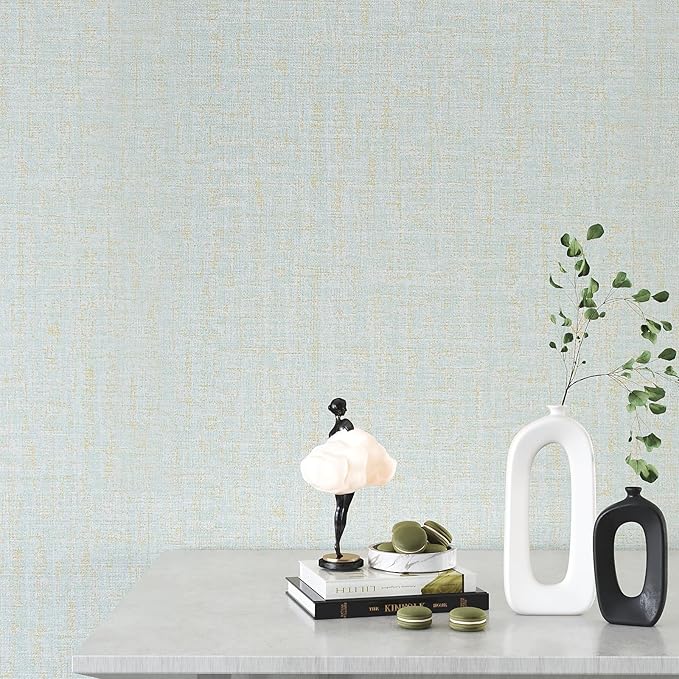 VEELIKE Blue Gold Grasscloth Peel and Stick Wallpaper 15.7''x118'' - Image 5