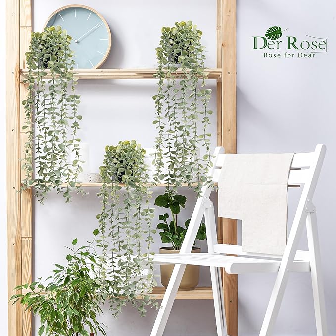 Der Rose 3Pcs Fake Plants Hanging Artificial Decor Faux Potted Eucalyptus Plants - Image 5