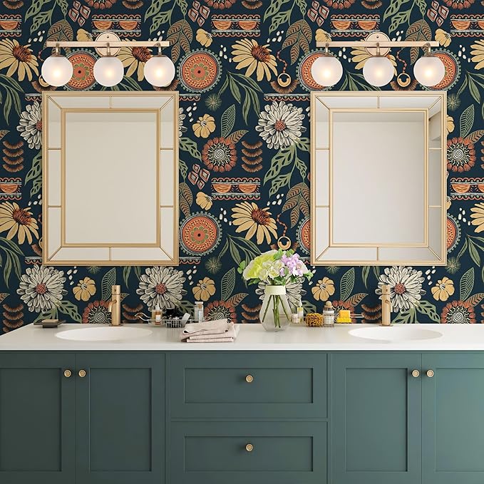 Simon&Siff Boho Peel and Stick Wallpaper, 17.3" x 1200" Blue Sun Floral Retro - Image 5