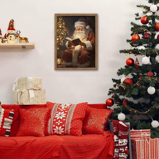Framed Santa Christmas Wall Art, Vintage Santa Claus Reading Canvas Paintings - Image 4