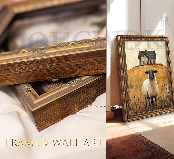 Vintage Gold Framed Wall Art Retro Country Sheep Oil Painting Canvas Prints - Image 6