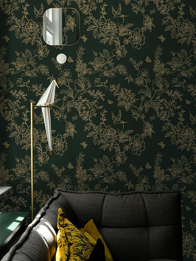 Froluya Dark Green and Gold Wallpaper Floral Peel and Stick Wallpaper - Image 4